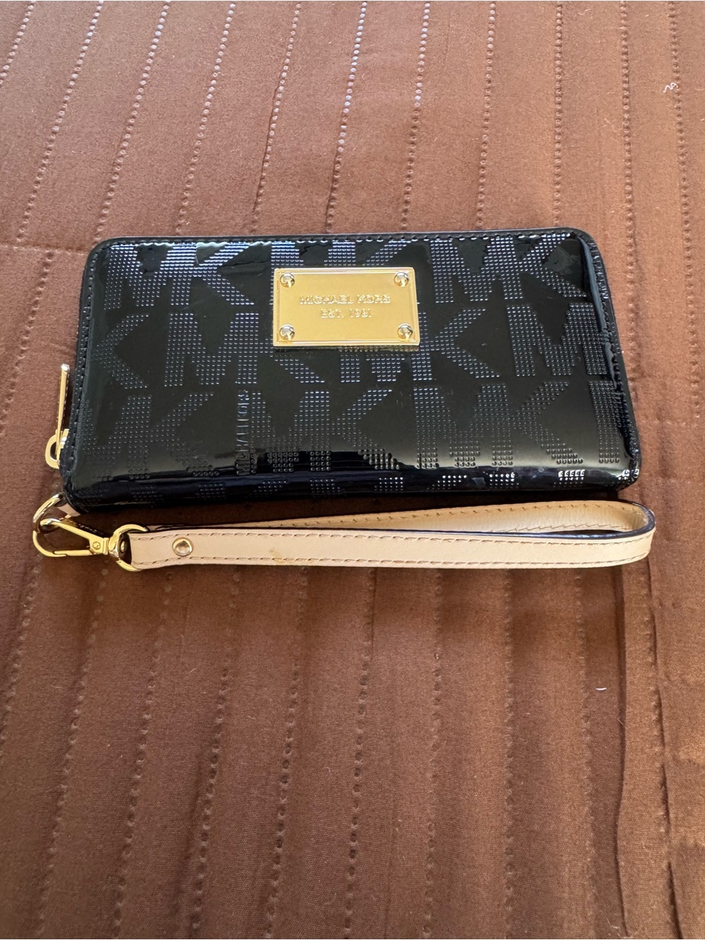 Michael Kors Black Patent Logo Wristlet with Beige Strap and Gold Plate